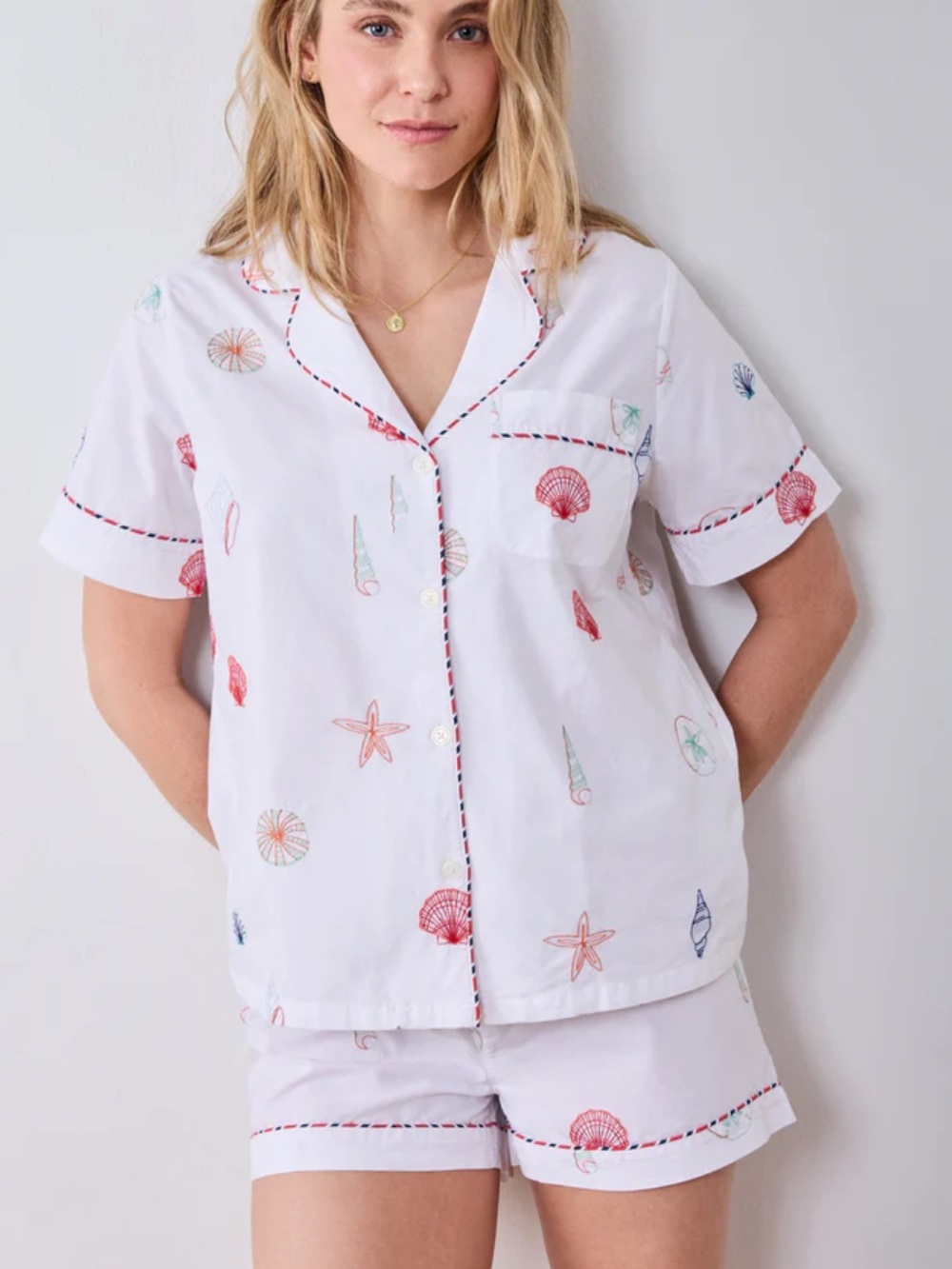 Print Fresh Cotton Embroidered Pajama Set Sea Shell Theme Shirt & Shorts Lounge